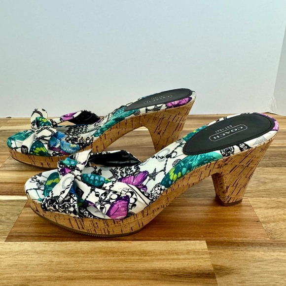 Coach Karen Floral Butterfly Chain Print Cork Heel Bow Slides Sandals Womens 9.5 - Picture 4 of 9